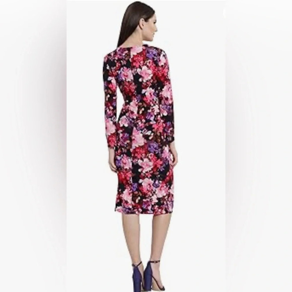 NWT Maggy London Women's Lined Pink Floral Front Twist Midi Dress (0) - Picture 2 of 7